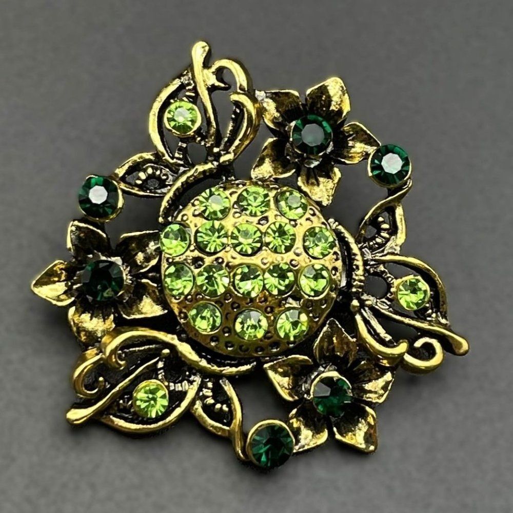 Yellow Gold with Emerald and Peridot Green Crystal Flower Pin Back Brooch